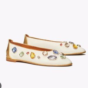 TORY BURCH CRYSTAL BALLET FLATS IN WHITE LEATHER - COD. 306789